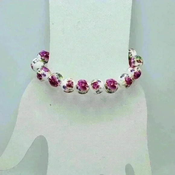 Jewelry - Chinese-Style Ceramic Purple Floral Beads Stretch Bracelet